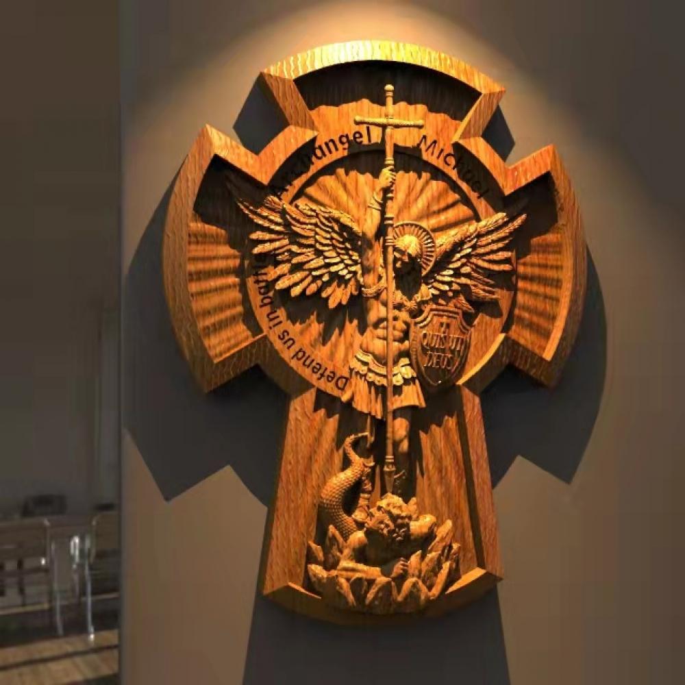 榉木浮雕圣弥额尔十字架20*30cm